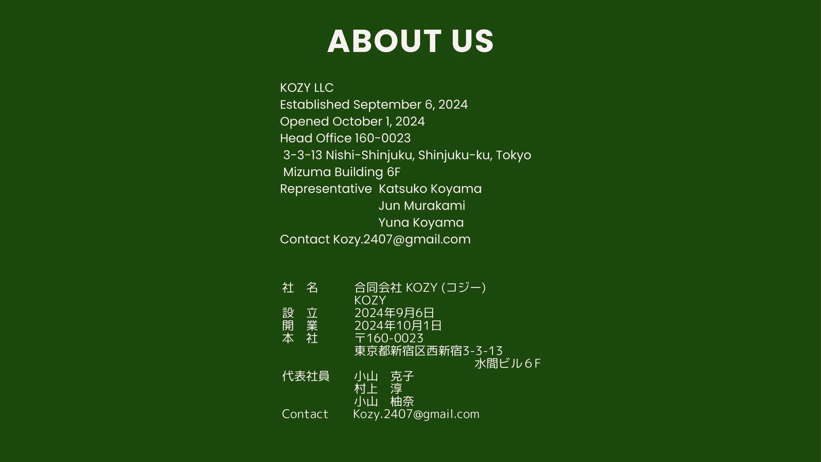 about us KOZY LLC 合同会社 KOZY コジー 東京都新宿区西新宿3-3-13 小山　克子